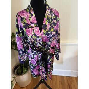 Victoria's Secret Gold Label Medium Floral Robe purple blue Kimono‎ 80s